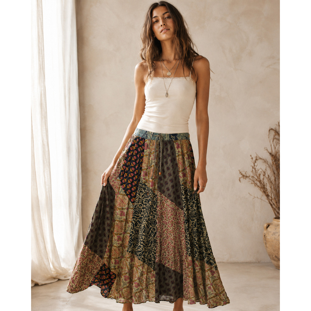 Gypsy Rose Tiered Patchwork Midi Skirt One Size OS Boho Fairy Whimsical Hippie